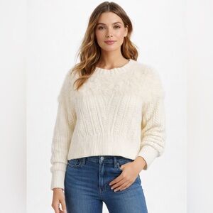 Marina V Paris Fuzzy Knit Cropped Sweater Cream Textured Pullover